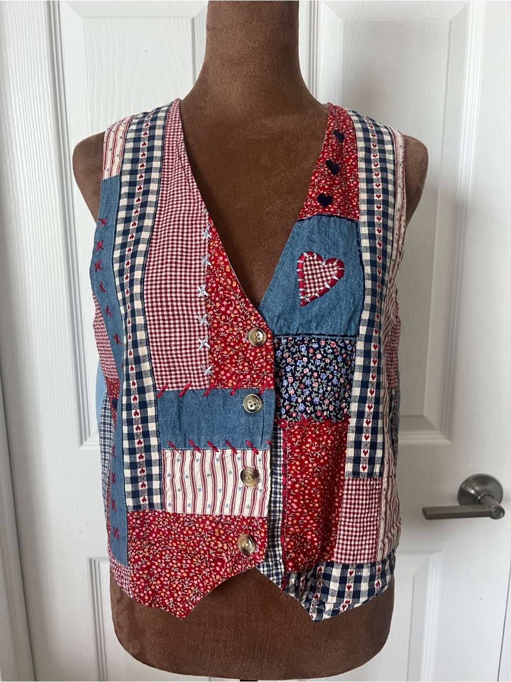 Victoria Jones Woman Patchwork Button Front Vest - Red & Blue